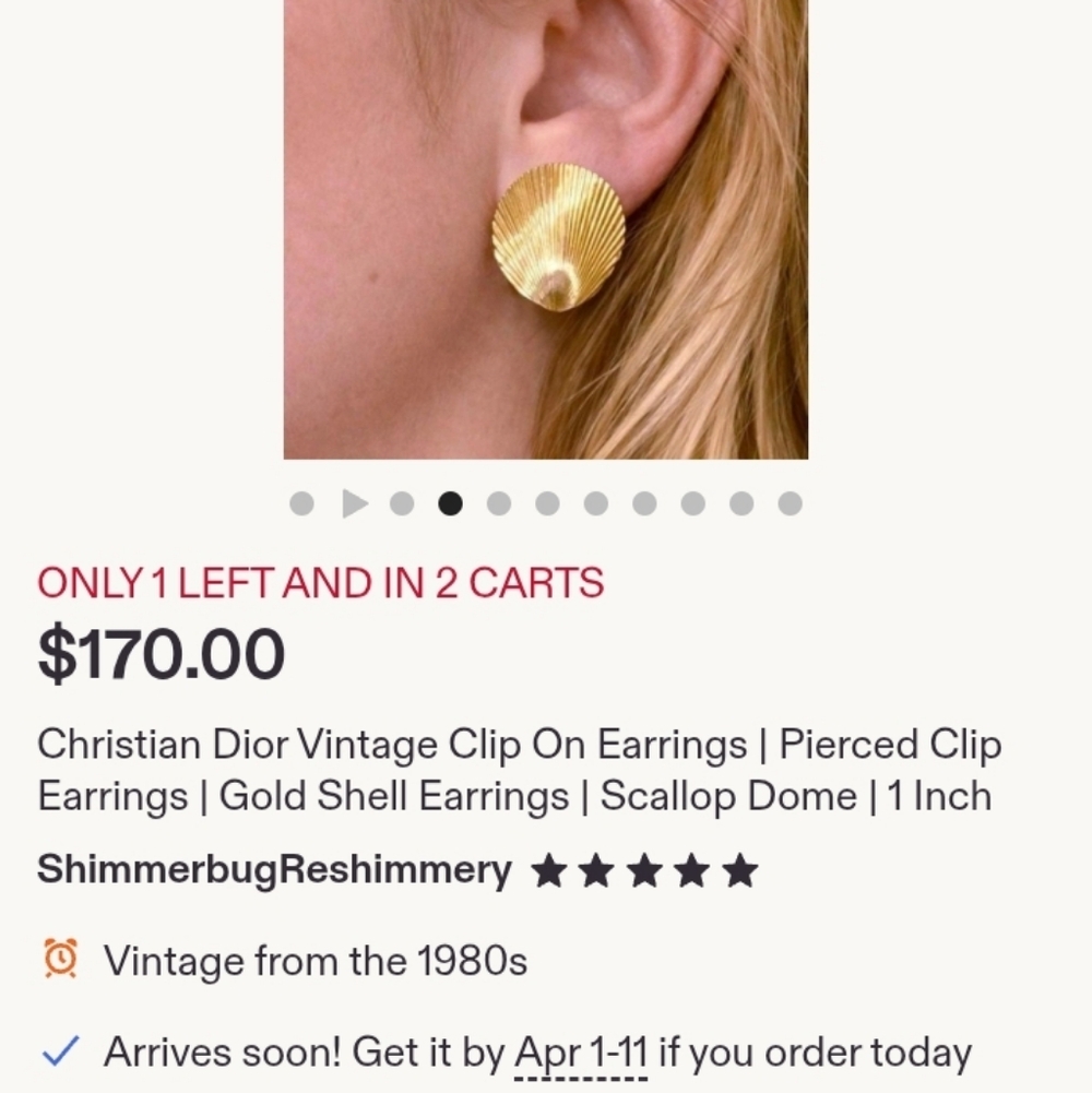 Gold 1980s CRISTIAN DIOR shell Earrings ,pierced Or Can Make Clip On. - Picture 4 of 5